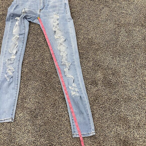 KANCAN 3/25 Low Rise Light Wash Distressed Thrashed Skinny Jeans 90s Y2K Biker - Picture 9 of 16